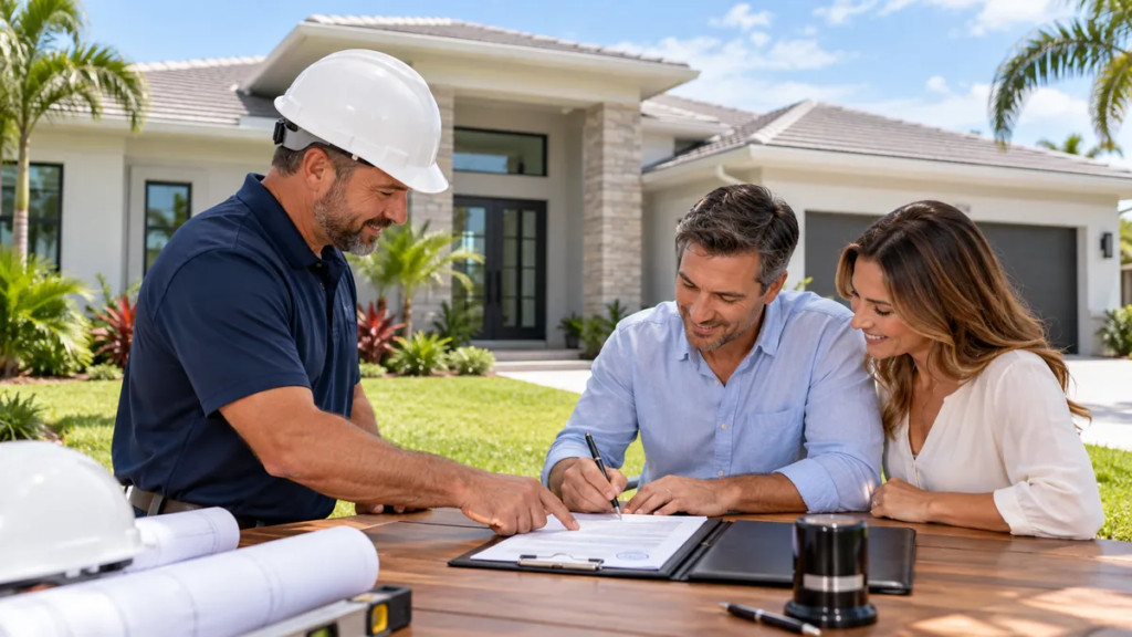 Contractor reviewing a Notice of Termination with homeowners outside a completed Florida home