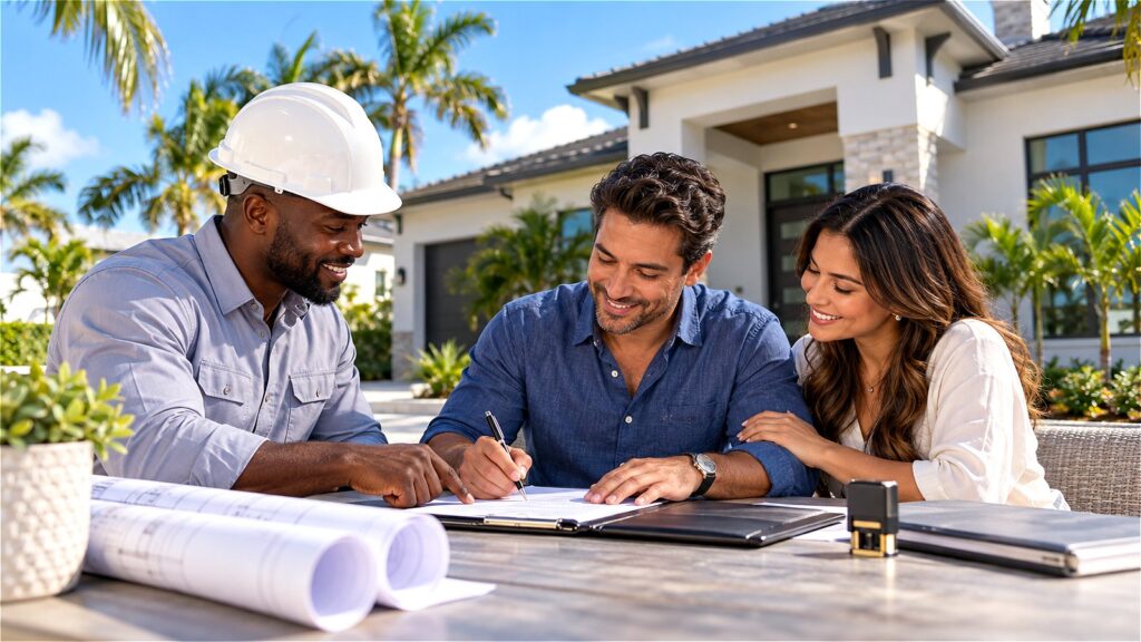 Contractor reviewing a Notice of Termination with homeowners outside a newly completed South Florida home